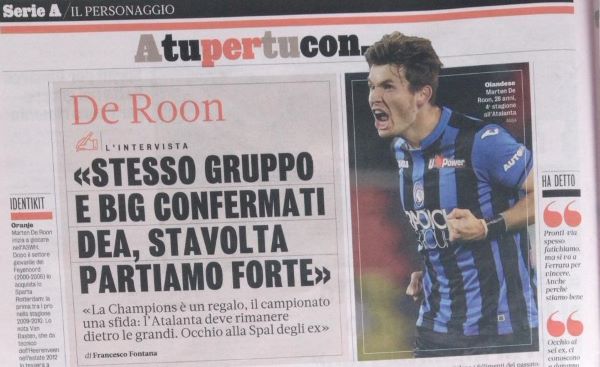 Een paginagroot interview in de Gazzetta dello Sport met de NEderlandse speler Marten de Roon
