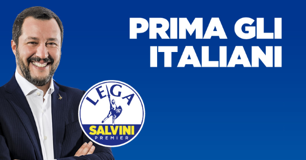 Verkiezingsposter van de Lega met logo, een foto van Salvini en het motto: Italianen eerst