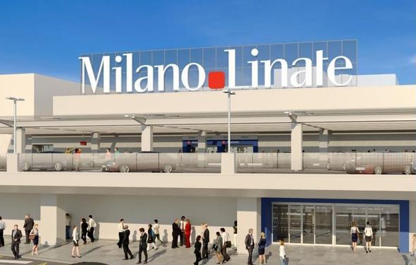 Impressie van een nieuwe facaxde van de Milanese luchthaven Linate